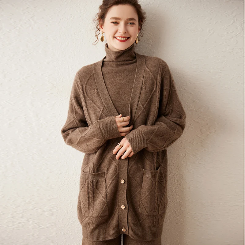 Hot Sale Autumn Winter New 100% Cashmere Cardigan Sweater Women\'s Solid Color Fashion Long Female Loose Soft Knitted Large Size