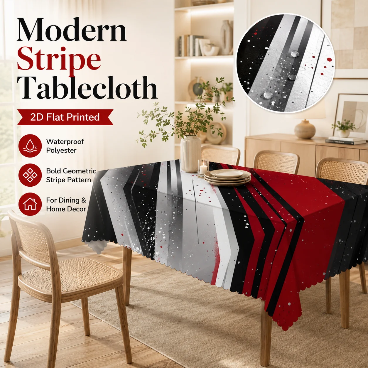 

Red Black And White Stripe Tablecloth Waterproof Polyester 2D Flat Printed Table Cover For Party Wedding Banquet Home Use