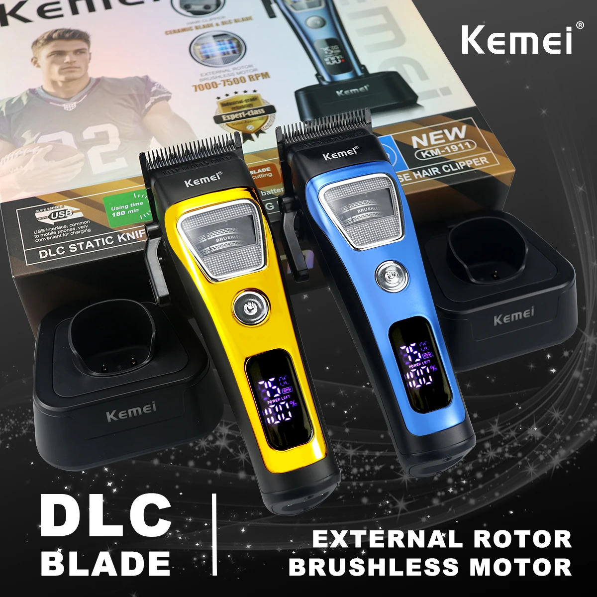 

Kemei KM-1911 Мужская машинка для стрижки волос DLC Blade Внешний ротор Бесщеточный двигатель с базовым дисплеем зарядного устройства Профессиональные парикмахерские машины