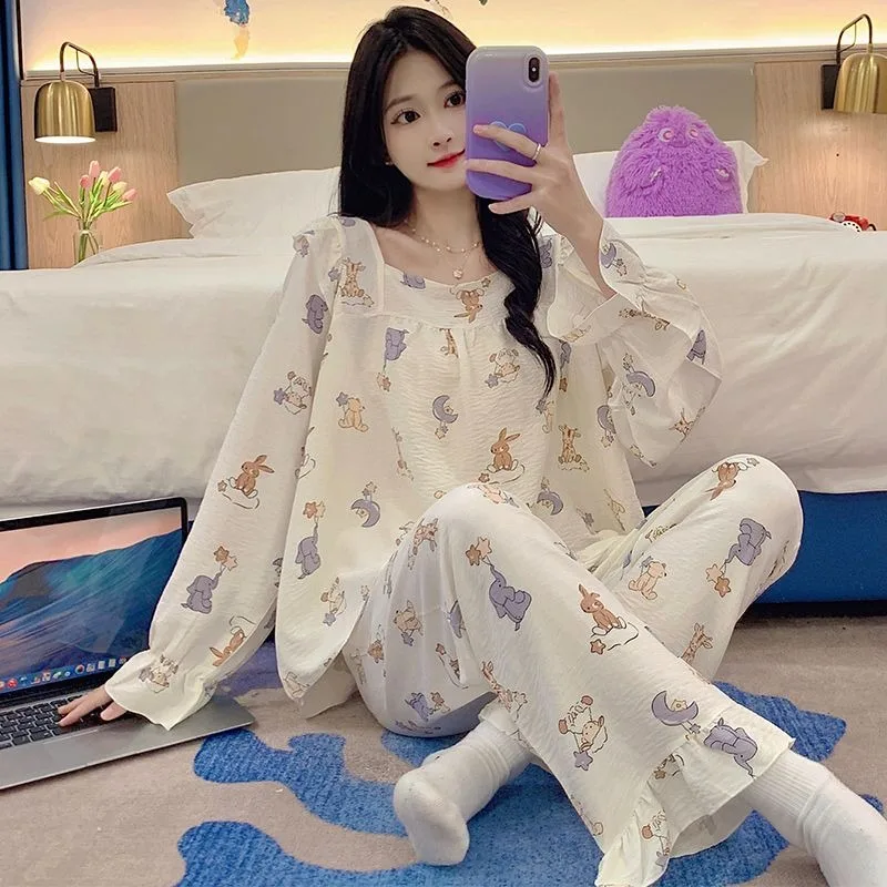 Women's Early Spring Pajamas Thin Long-Sleeved Trousers Cute Sweet Student sleepwear Set 2024 New Casual large Size Homewear