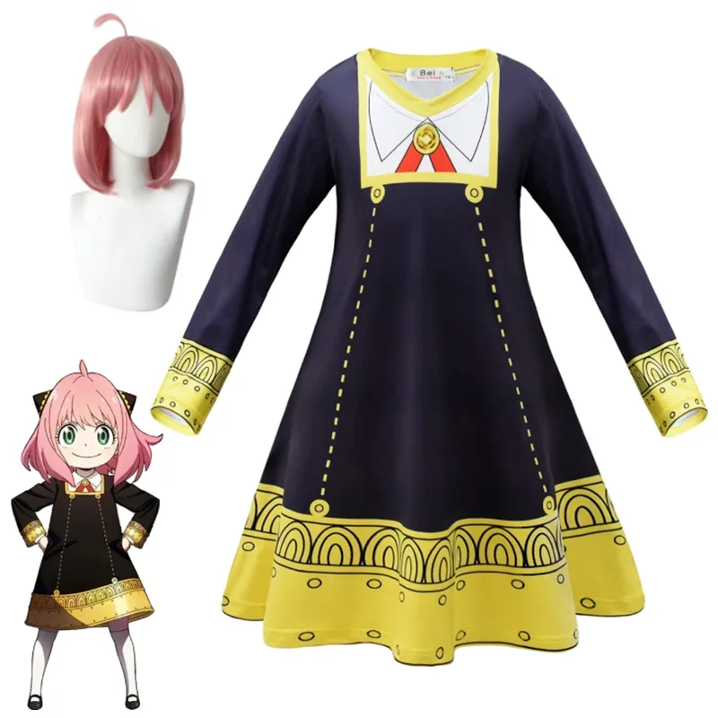 New Cartoon Anime Spy X Family Cosplay Costume Ania Princess Dresses Kids Black Pop Neck Long Sleeve Halloween Outfits Wig Dress