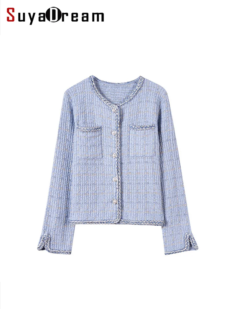 SuyaDream Woman 46.7%Merino Wool Cardigans Singe Breasted Chest Pockets Melange Woolen Coats 2023 Fall Winter Jackets Blue