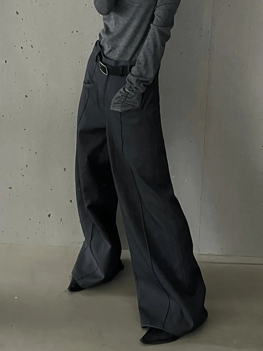 PBAP خمر جيوب المرقعة دعوى بنطلون المرأة عادي فضفاض مطوي واسعة الساق عالية الخصر ثنيات السراويل مكتب ملابس كاجوال #6