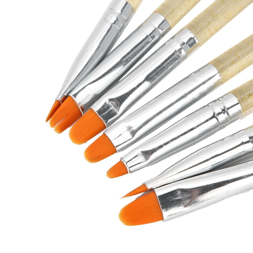 7pcs Transparent Handle With Gold Decor UV Gel Nail Brush Nylon Multiple Size Specifications Nail Art Painting Brush