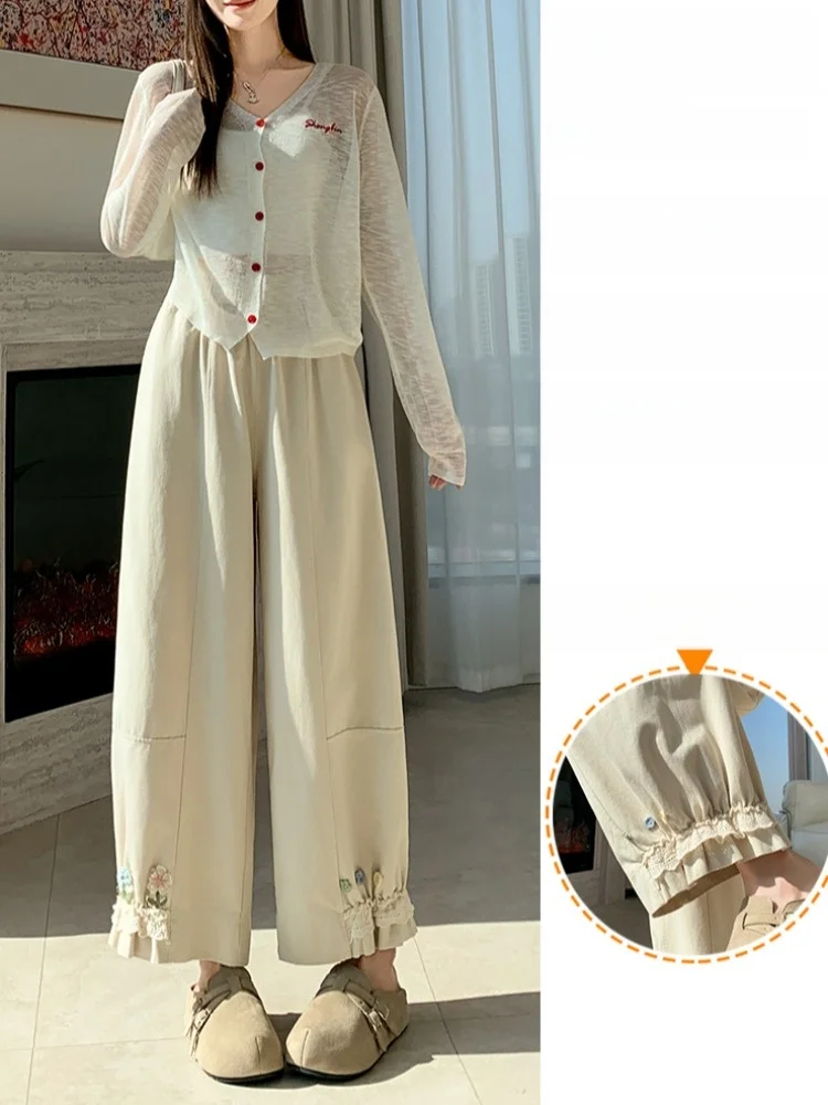 Washed Cotton Wide Leg Pants Women Summer New Loose Slimming Lace Trim Nine Points Cuffed Harem Pants Soft Comfortable Casual...