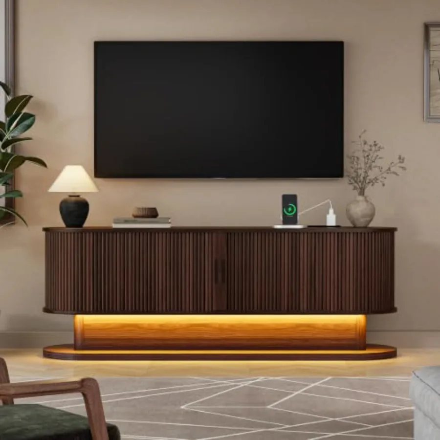 Living room TV stand, walnut finish MDF, mid century modern style, fluted design with LED lights, sliding door storage, 60-inch