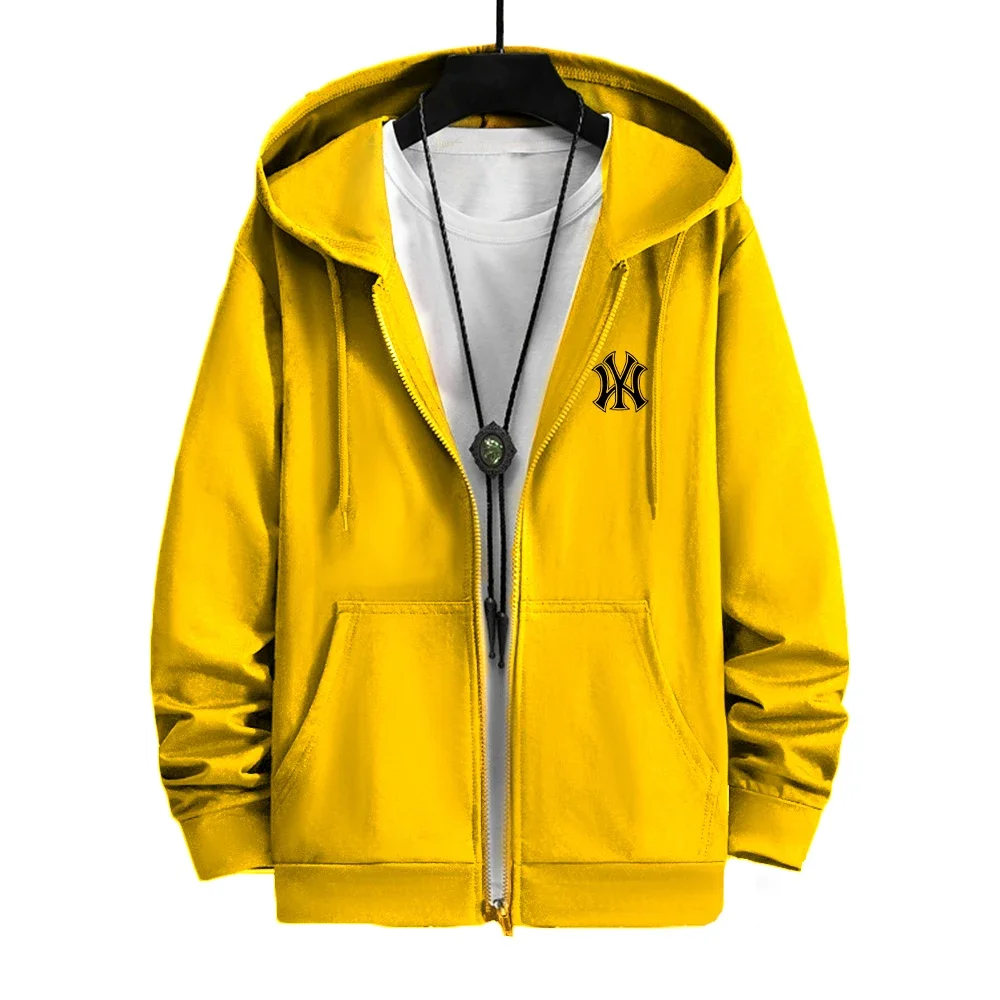 Men's street style zipper coat, oversized clothing, fashionable sweatshirt, solid color printed, outdoor sports loose top