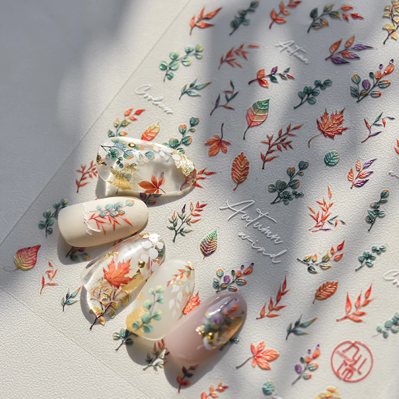 Autumn Fall Maple Leaves Ginkgo Leaf Osmanthus Chrysanthemums Rabbit Bunny Plant Flower Relief Nail Art Sticker Decoration Decal