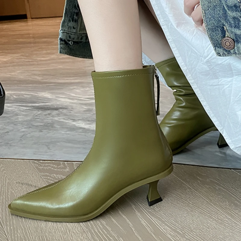 

Green Women's Ankle Boots Genuine Leather Autumn Winter 2026 New Point toe Western Short Boot Shoes High Heels Party Footwear
