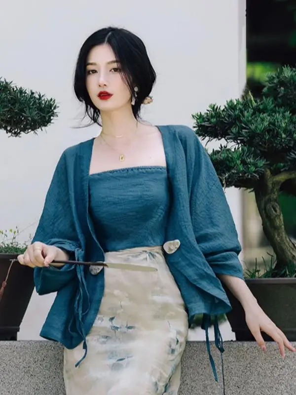 

plus Size Floral Print Open Cardigan Strap Halter Skirt Set Chinese Style Vintage High Quality Women's Fashion Spring Three-P...