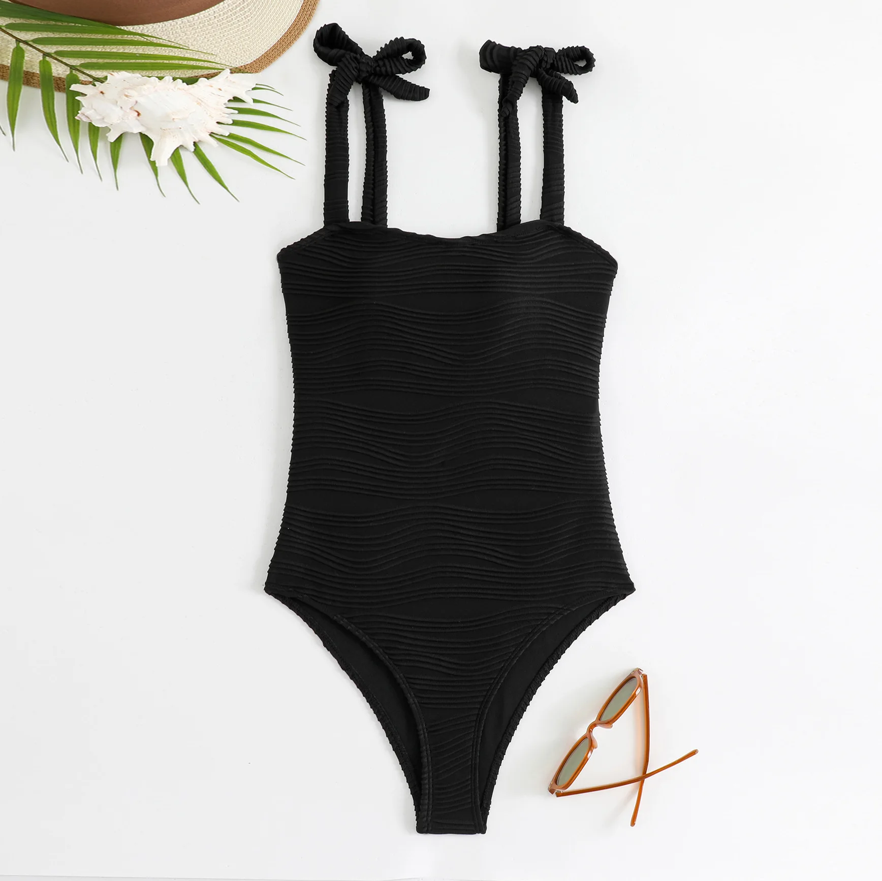 

2025 new solid color sexy one-piece women's swimsuit with shoulder straps beach swimsuit