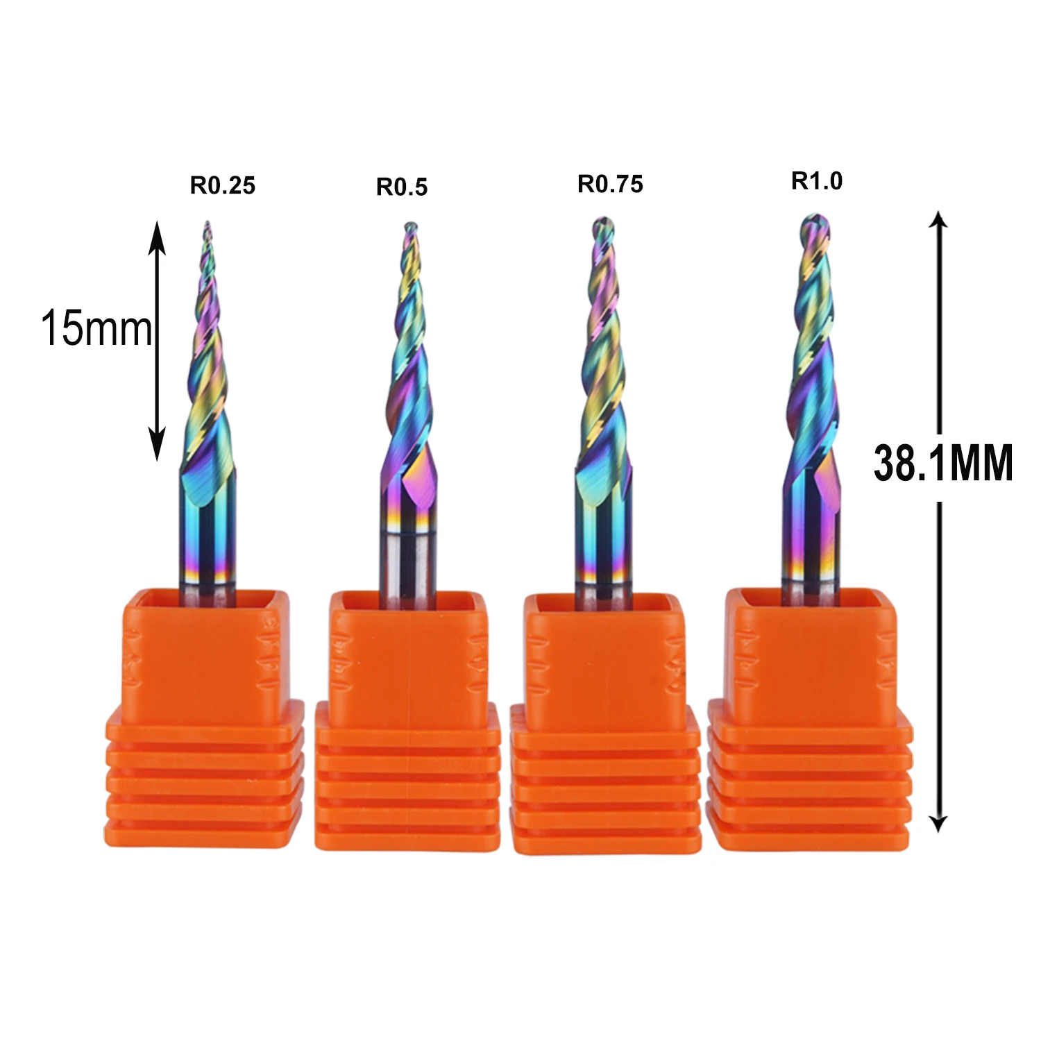 DREANIQUE 4pcs/set 2 Flutes Ball End Mill with Conical Tip R0.25mm-1.0mm 3.175mm DLC Coating Carbide Cutter for 2D 3D Engraving
