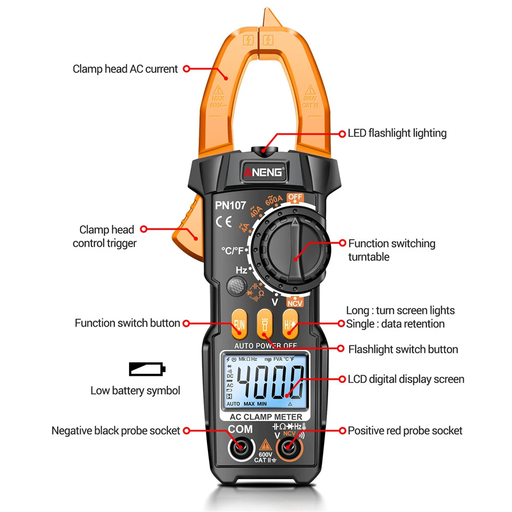 Digital Clamp Meter 600A AC Current Tester 4000 Counts Multimeter Electrical Tester LCD Display Professional Electrician Tools