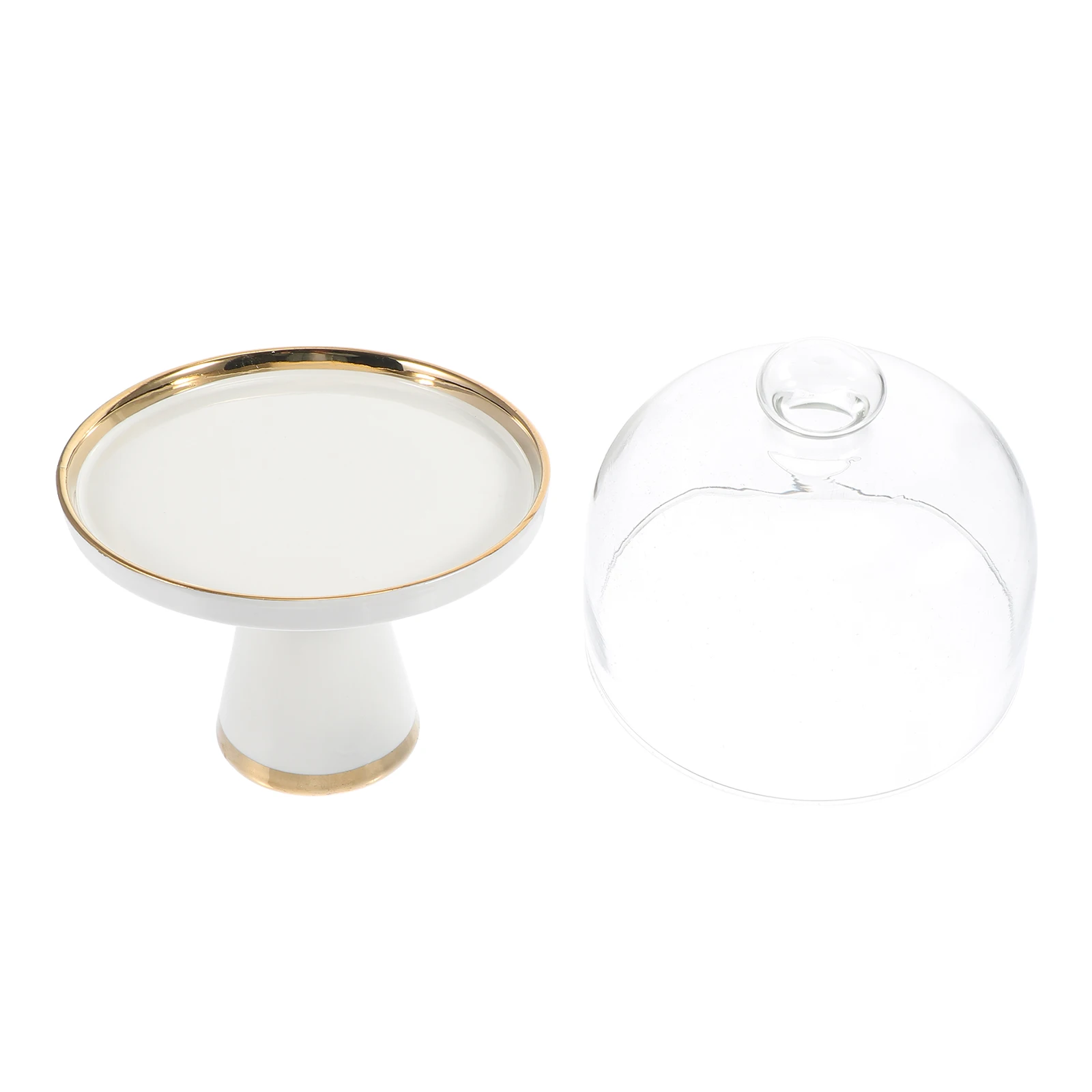

1 Set Ceramic Cake Tray White Dessert Holder Tall Plate Glass Lid Food Cover Protective Snack Display Tray Cake Serving Plate