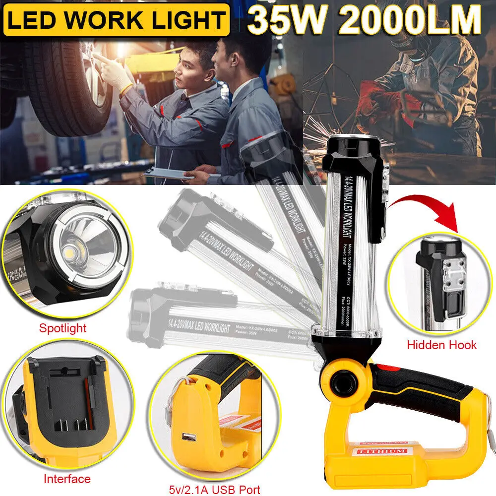 2000LM LED Cordless Work Lamp for Dewalt 20V MAX Liion Battery 35W Flashlight Floodlight Spotlight for Camping Job Site Lighting