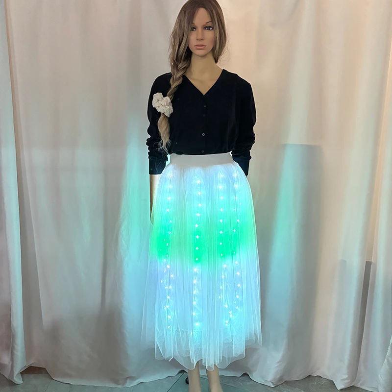 

Замечательное танцевальное платье для девочек и женщин, длинная короткая белая юбка, красочная легкая светящаяся юбка с дистанционным управлением и пуговицами
