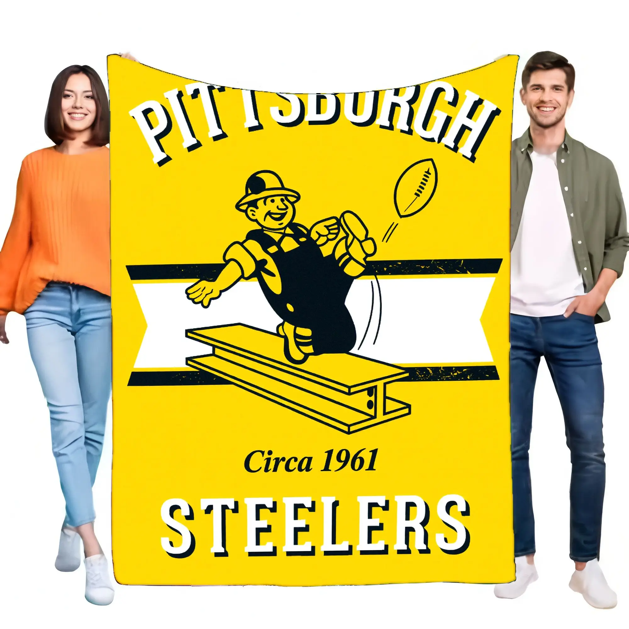 بطانية بيتسبرغ ستيلرز الكلاسيكية بتصميم كرتوني Circa 1961 رمي ناعم ومريح للمعجبين، خلفية مخططة باللونين الأصفر والأسود، Ide