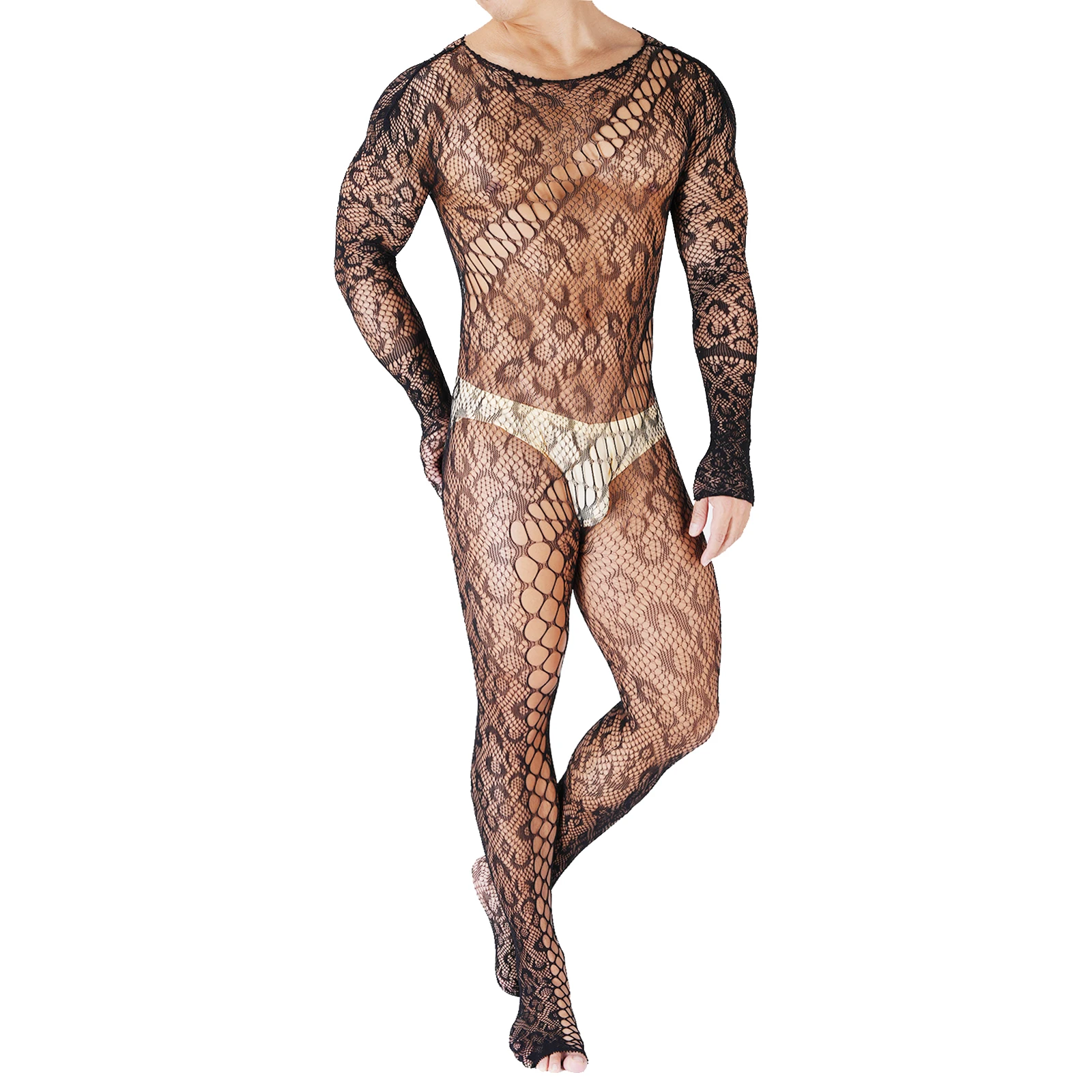 

Sexy Underwear Bodysuit Men Body Stockings Erotic Lingerie Lace Fishnet Pantyhose Wild Transparent Leopard Crossdressing Costume