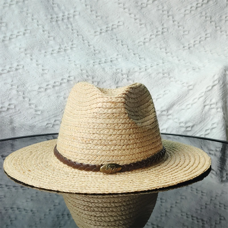 Vintage raffia straw fedora hats men women top hats jazz hat summer shade versatile sunscreen raffia flat-brim sun hat panama