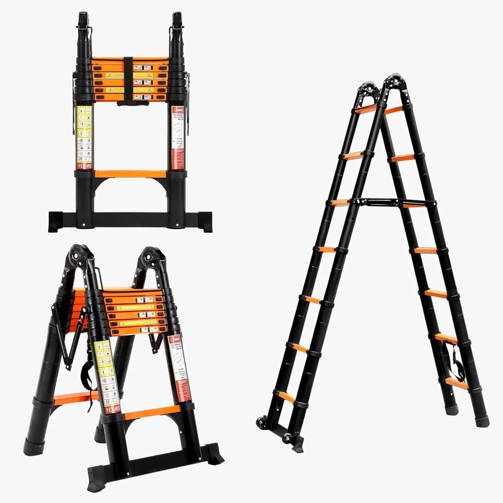 A Type Telescoping Ladder, Lightweight Extension Ladder w/Triangle Stabilizers, Stabilizer Bar & Movable Wheels, Aluminum