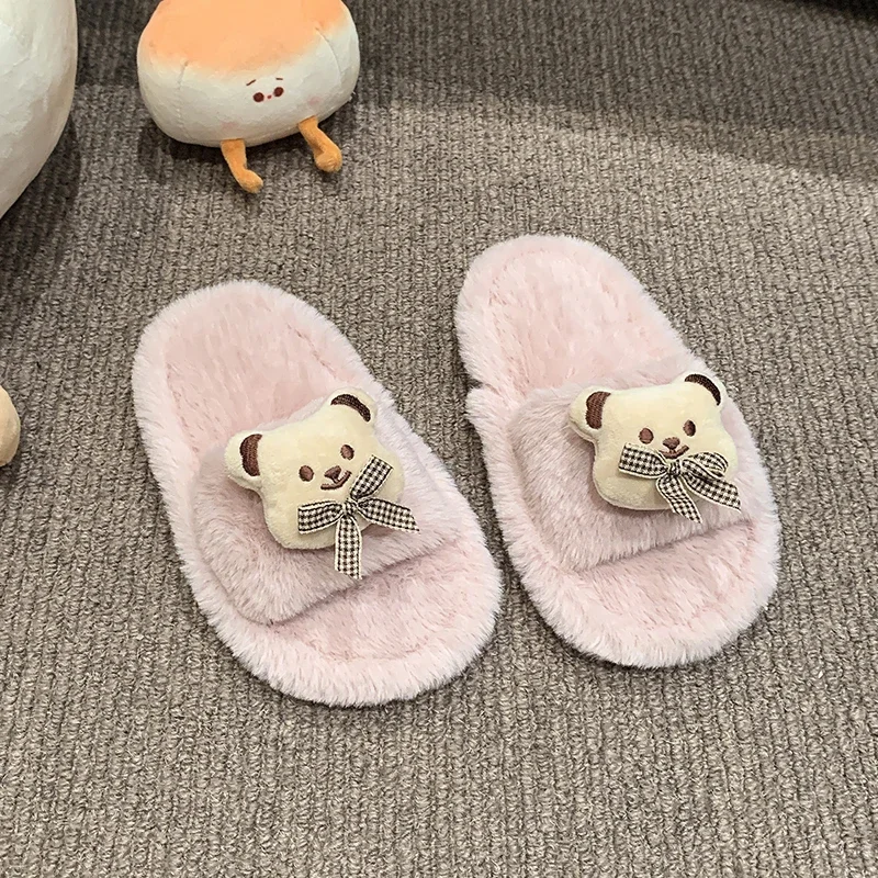Kids Winter Flat Slippers New Cartoon Bear Doll Fluffy Home Shoes for Boys Girls Soft Bottom Children's Open-toe Plush Slippers