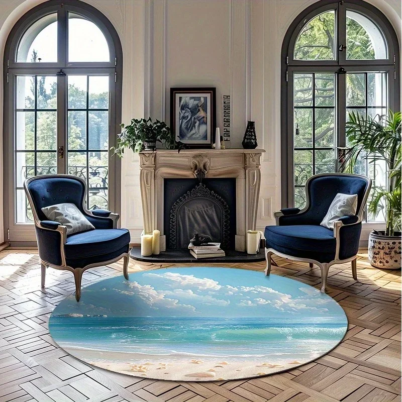 Ocean Beach Round Rug Blue Sky White Clouds Seashells Print Soft Flannel Door Mat Non Slip Floor Covering for Bathroom Entryway