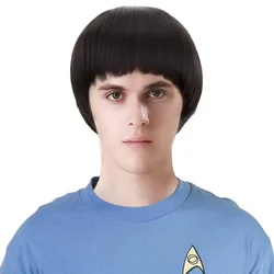 Spock preto curto Cosplay peruca masculina, corte sintético tigela perucas de cabelo cogumelo, traje anime festa de Halloween, homens dos anos 1960