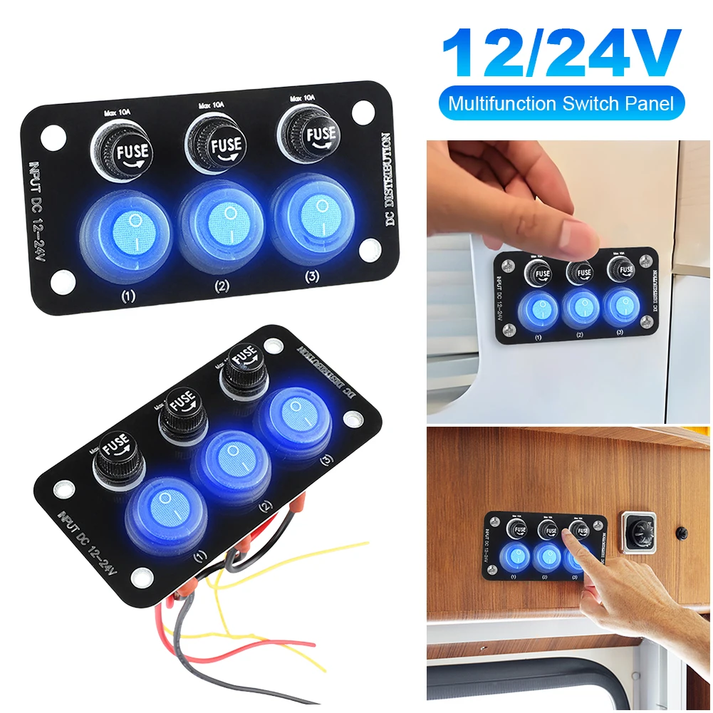 12V-24V LED Marine Boat Rocker Switch Panel 10A Fuse Blade ON Off Toggle Switch Panel 3 Buttons for Car Marine RV Truck