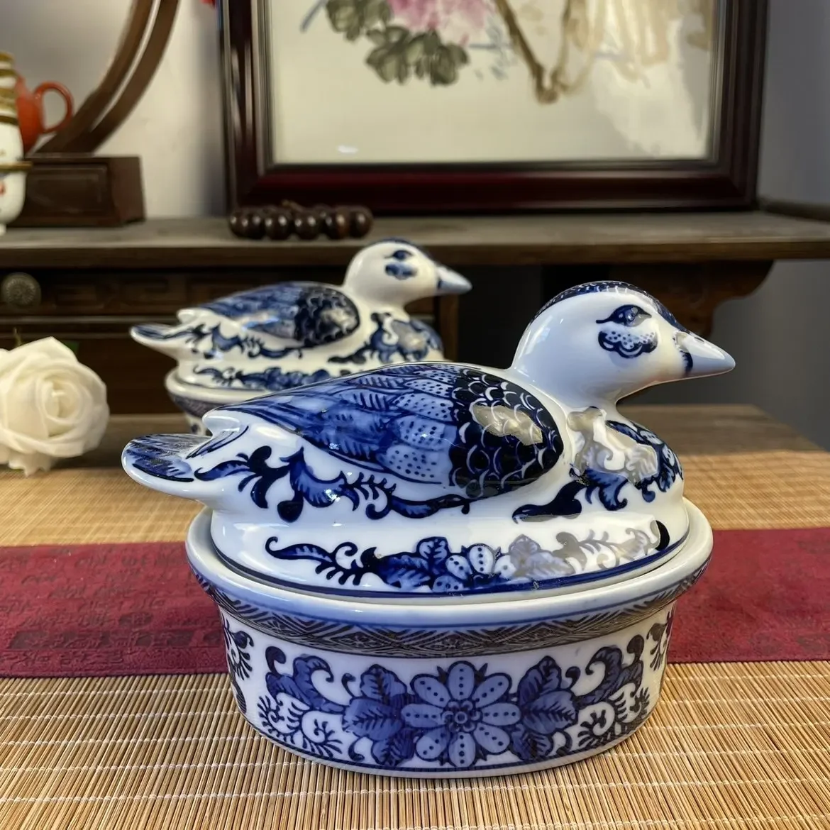 Blue and White Ceramic Box, Ceramic Storage, Mandarin Duck Plate