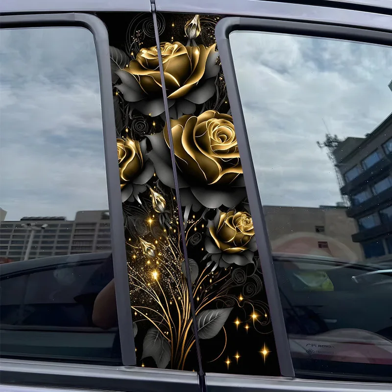 2 pieces, car middle column black gold rose sticker, car window trim, scratch-proof, creative decorative b-pillar sticker
