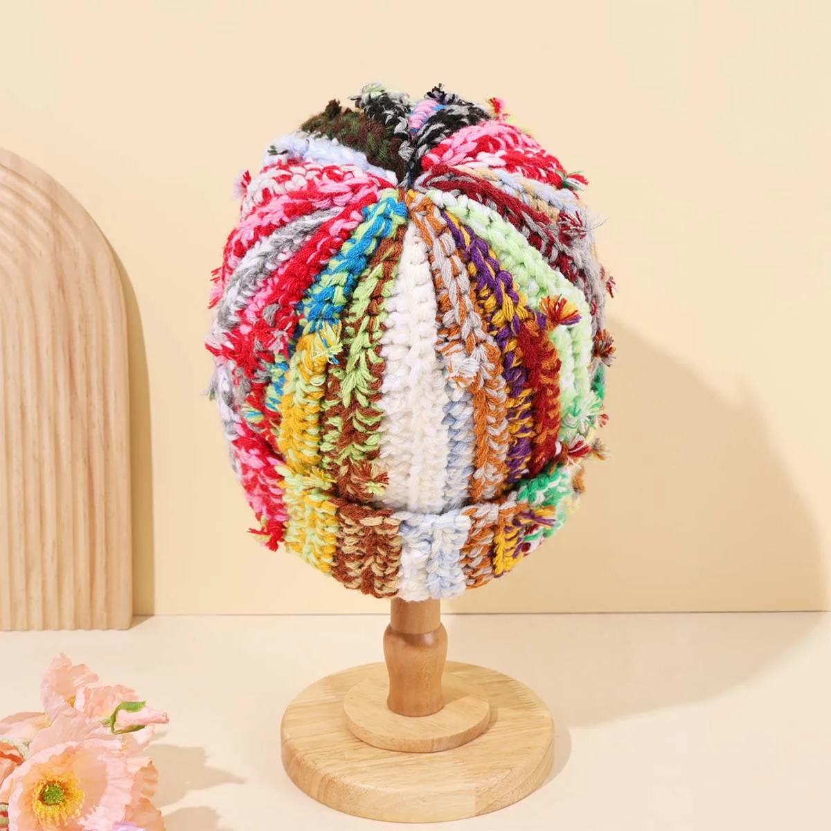 1pc Autumn and Winter Fashionable Warm Handmade Knitted Hat, Mixed Color Knitted Hat Dopamine Hooded Sweatshirt Trendy Brimless.