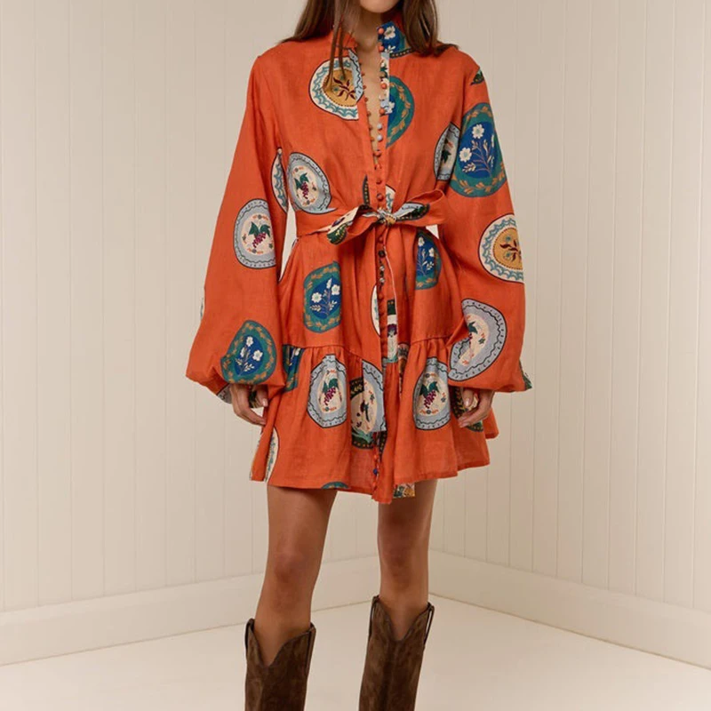 New Autumn Lantern Long Sleeve Boho Dress Vintage Pattern Print Lace-up Women Party Dress Spring Stand Collar Button Shirt Dress