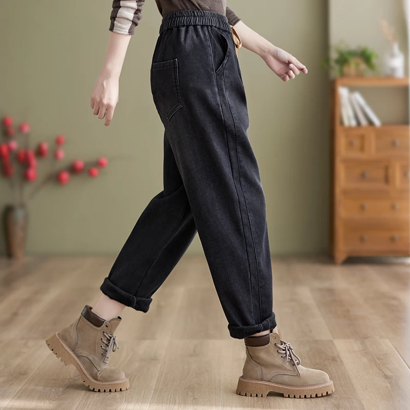 

Зимние джинсы на подкладке Thiened Fce, женские свободные шаровары для папы, длинные брюки с высокой талией, повседневные джинсы Sle Bla