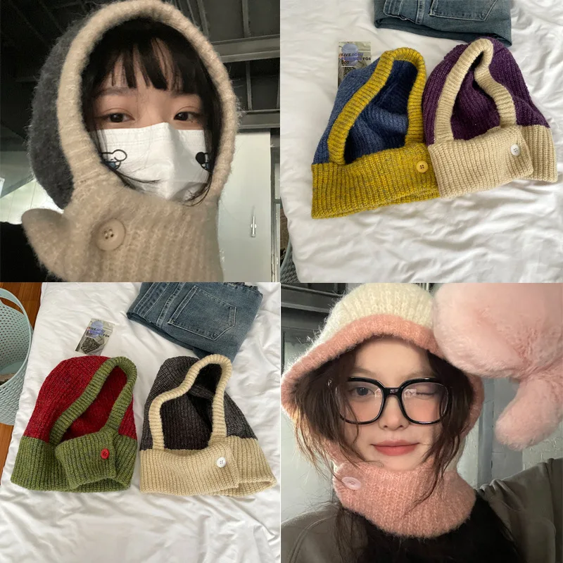 

Balaclava Hat Knitted Wool Cap Pullover Hat Women Winter Models Neck Protection Neck Scarf all-in-one Knitted Hat Hot