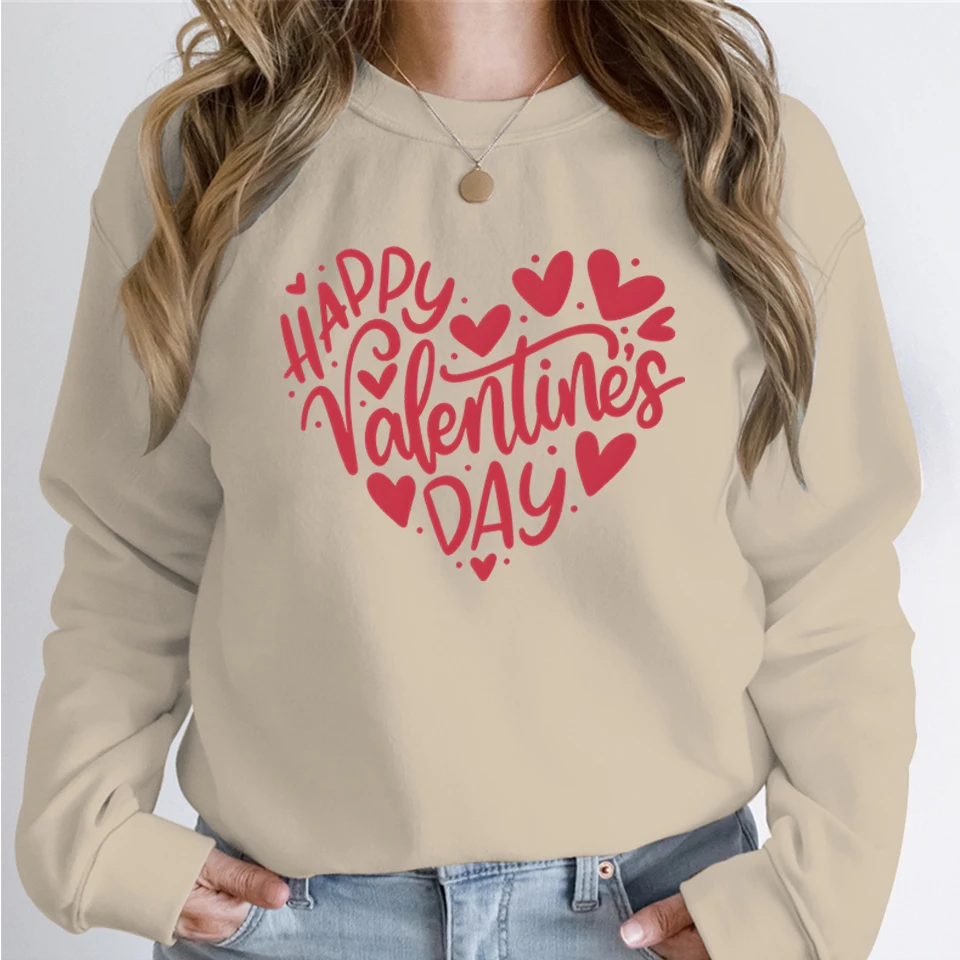 Happy Valentine's Day Sweater Pink Love Heart Letter Print Women's Sweatshirt Hoodie Funny Cute Valentines Day Gift for Womens