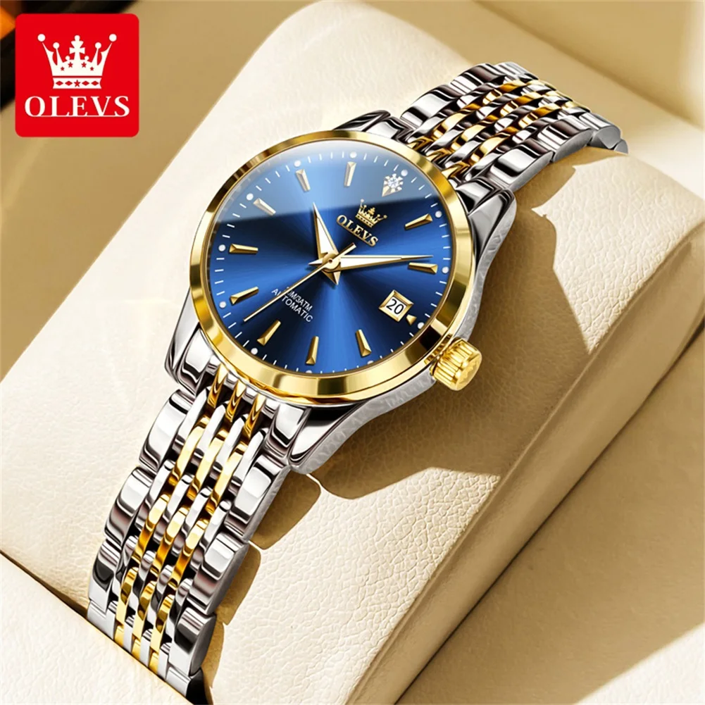 ساعة OLEVS 6635 للسيدات ماركة أصلية ساعة ميكانيكية أوتوماتيكية مقاومة للماء من الفولاذ المقاوم للصدأ مع صندوق ساعات نسائية فاخرة