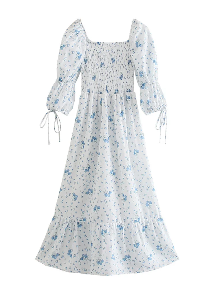 Vestidos de verano para mujer, cuello en forma de corazón, manga abullonada 3/4, vestido vintage con estampado floral, detalle fruncido, dobladillo con volantes, vestido midi elegante