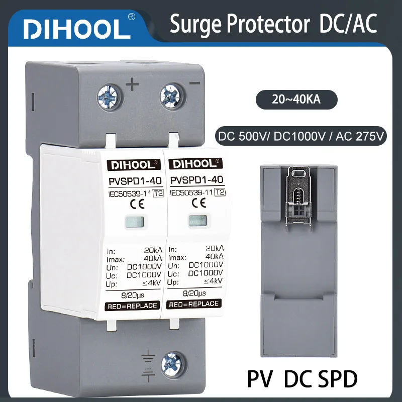 

Surge Protective Device Photovoltaic DC System SPD 2P/3P DC1000V 20KA~40KA Surge Protector AC275V DC500V Lightning Protection