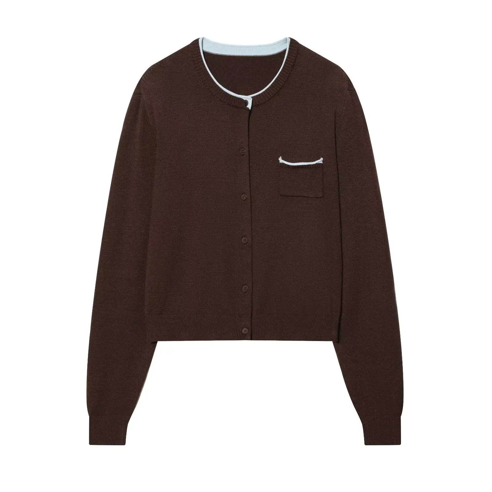 

Women Fashion Round Collar Splice Knitted Coat Autumn Female Pocket Single-breasted High Street Long Sleeves Solid