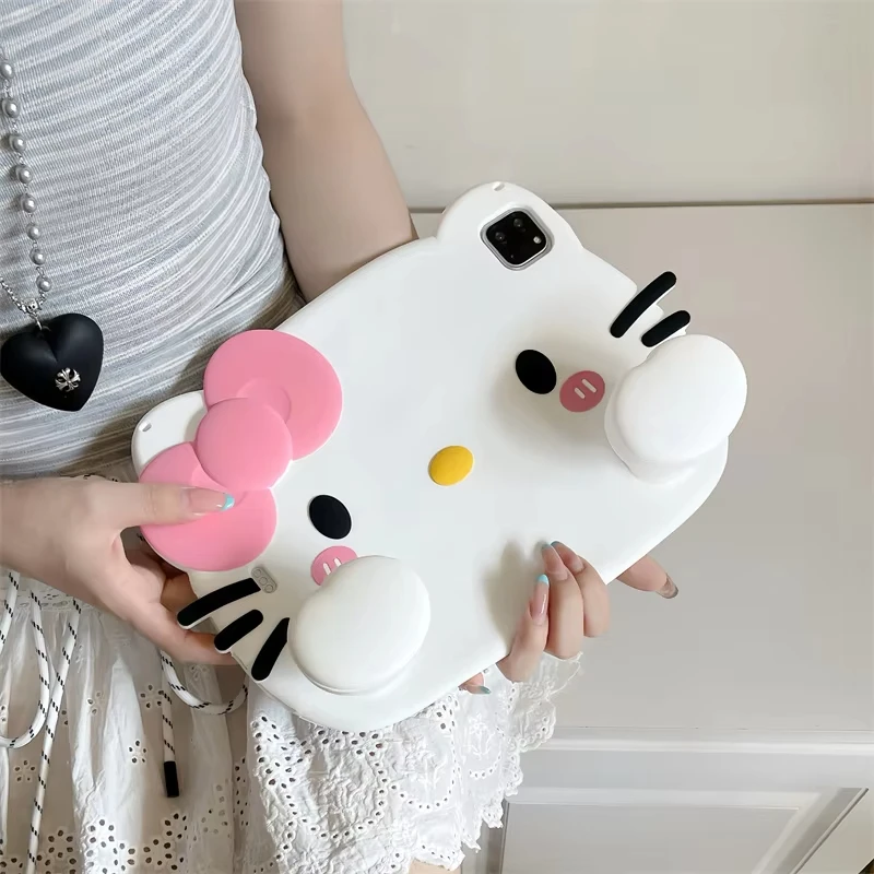 헬로키티 3D 실리콘 태블릿 보호 케이스 (아이패드 9세대, 8세대, 7세대, 어린이용 케이스, 에어 2, 3, 4, 5, 6, 10.9 미니 6, 프로 11 호환)