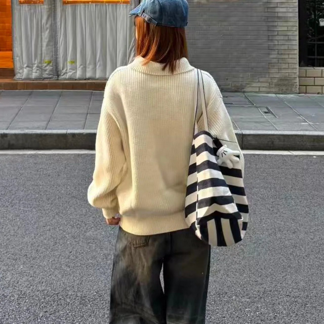 Suéter de punto elegante para mujer, prendas de vestir exteriores con sensación holgada y cuello, Faion coreano, Otoño Invierno, sensación de alta gama