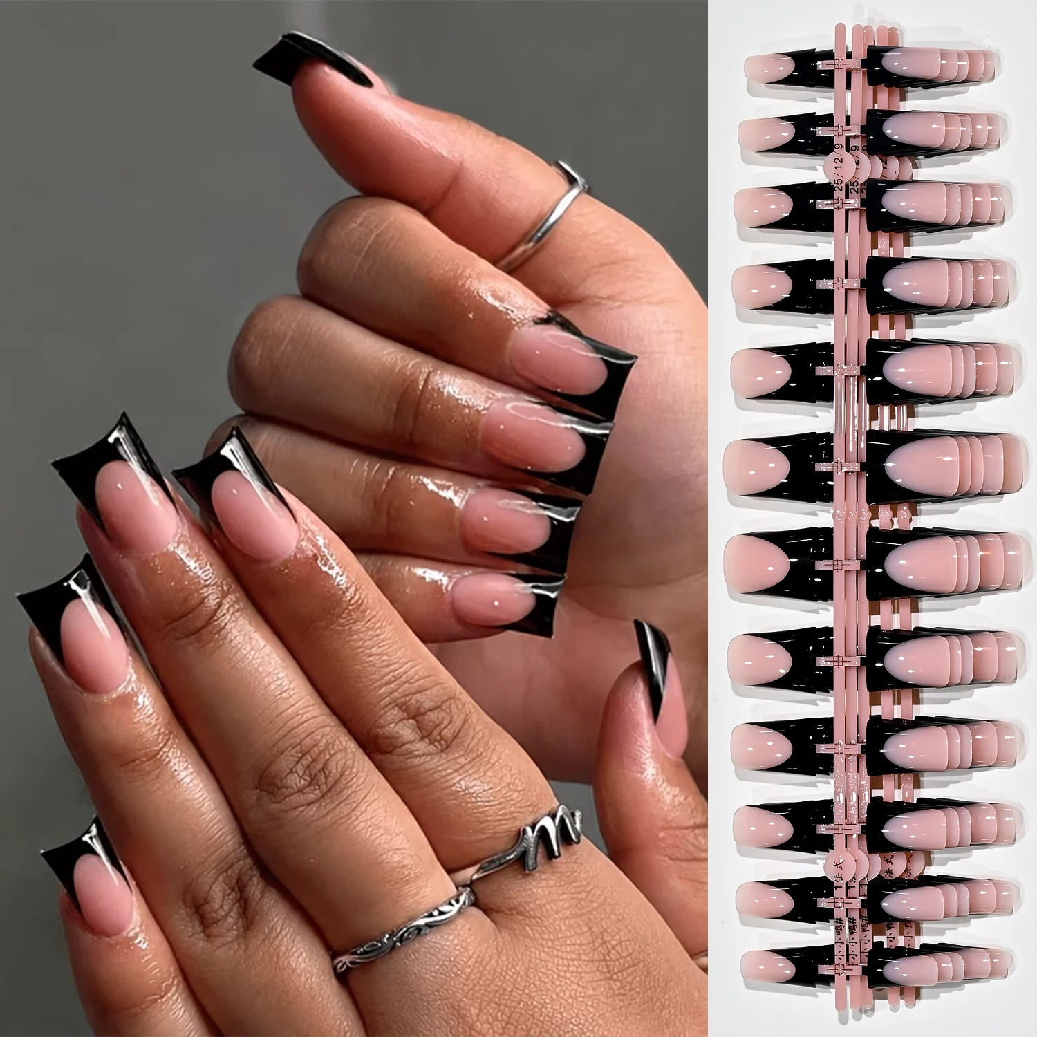 120 Stück glänzend schwarze französische Entennägel, Nude Medium Enten-French-Tips, Press-on-Nägel, 12 Größen, vollständige Abdeckung, wiederverwendbare Kunstnägel – Detail 2