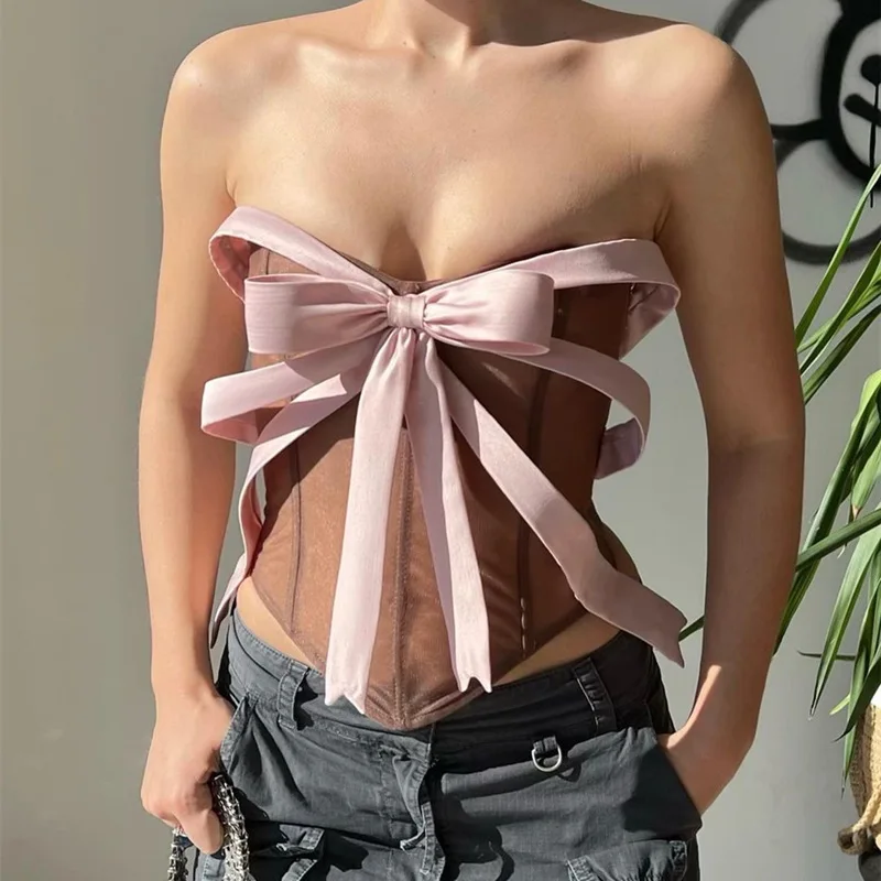 Women Fashion Street Vest Tops Summer Pink Bowknot Backless Y2k Slim Boned Camisole Corset Tops Sexy Strapless Bustier Tank Top