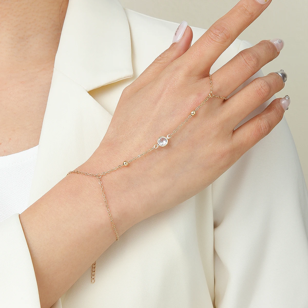 Kinitial Beads Stone Link Chain Finger Rings Bracelet Women Hand Harness Connected Bracelets Rings Jewelry