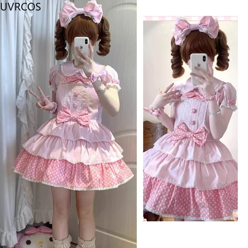 Imagen 2 del producto Conjunto de vestido estilo japonés Kawaii Lolita para mujer, camisas con mangas abullonadas y cuello Peter Pan, vestidos con tirantes y lazo, conjuntos de dos piezas Y2k 2025