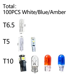 100pcs Halogen/LED Light For T6.5 T5 T10 3W/5W/2W White Blue Amber Car Dashboard Warning Indicator Light Instrument Cluster Lamp