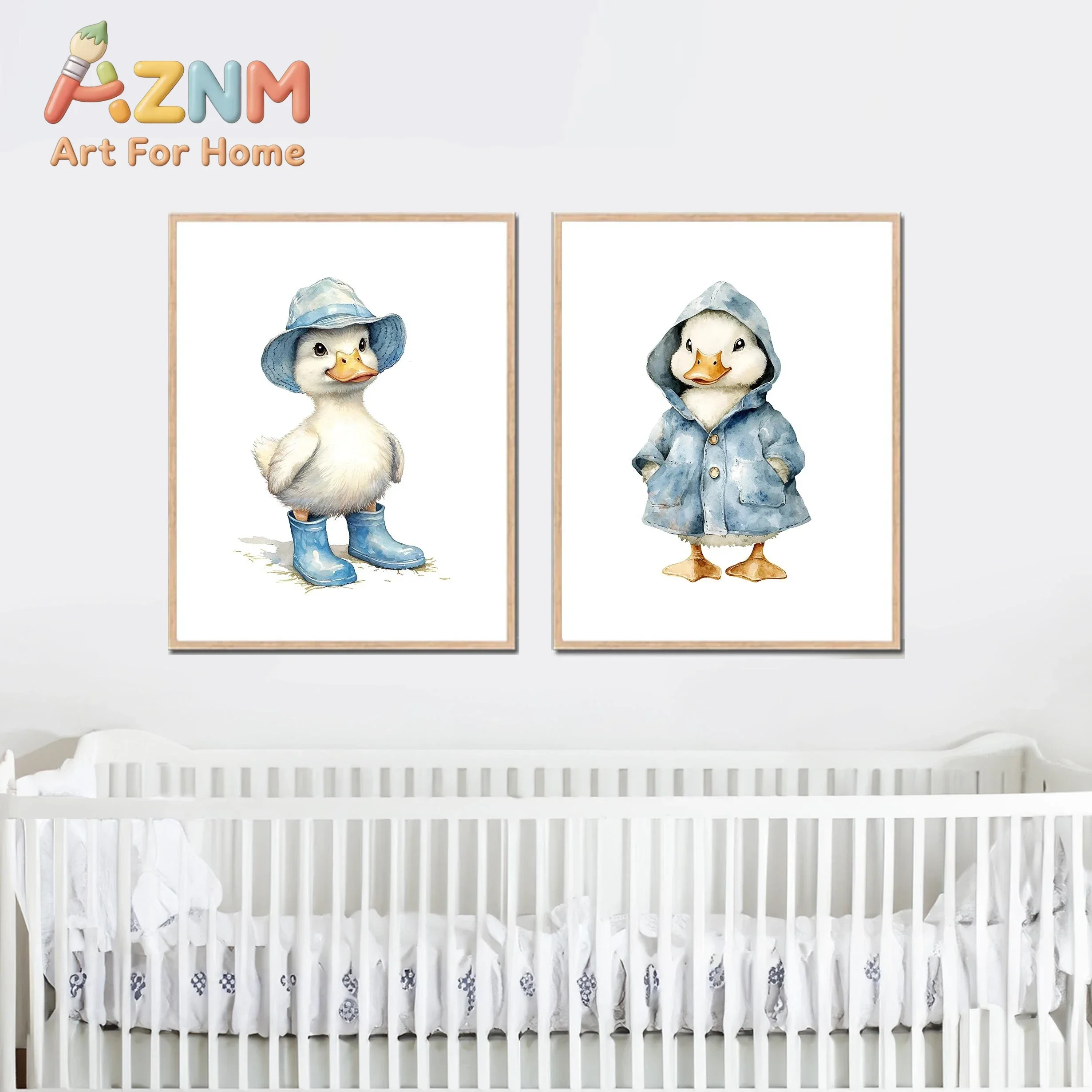 1pc frameless Little Duck Theme Wall Art Blue-Toned Bedroom Decor Posters for Boys 3-Piece Children's Print Set Cute Farm Animal