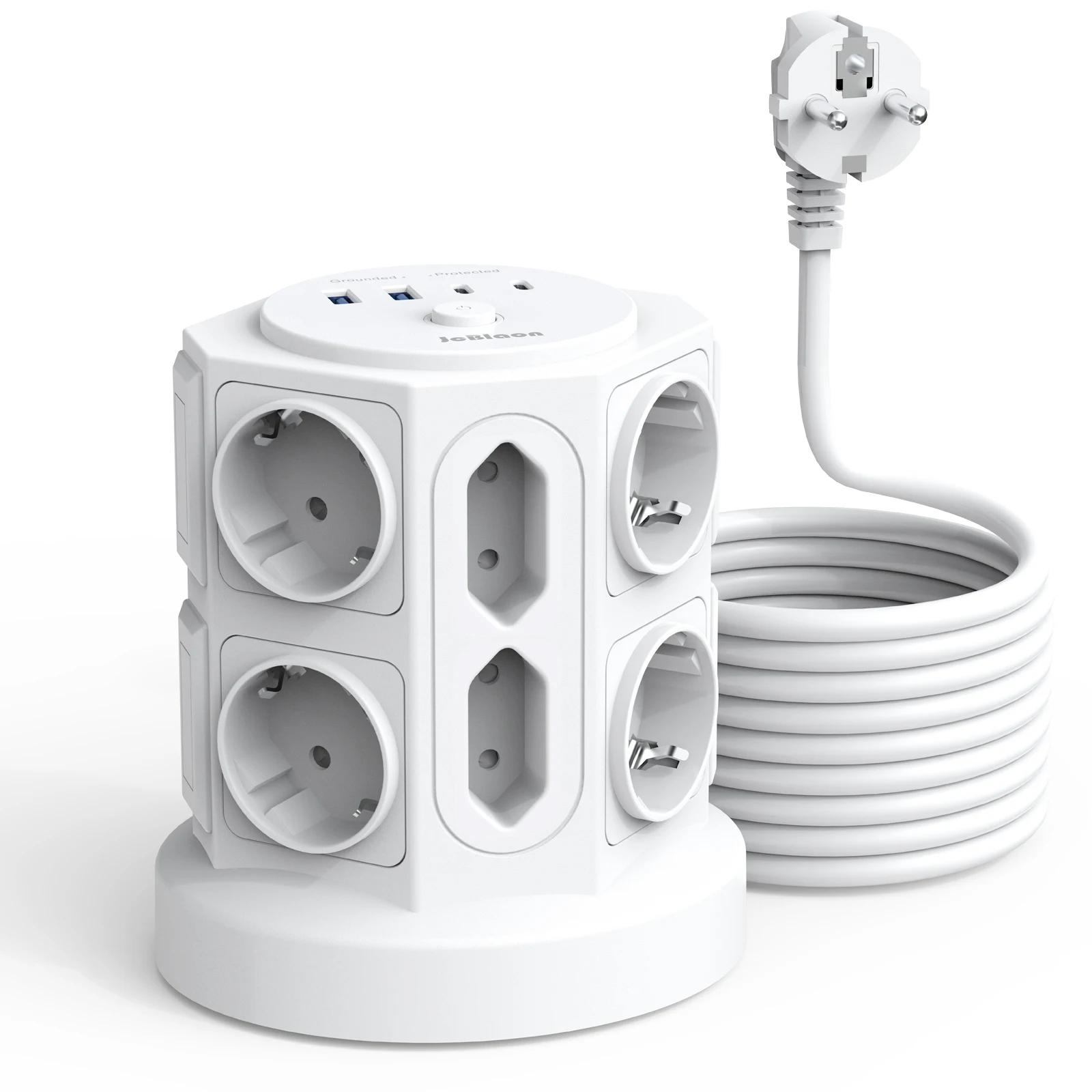 16-IN-1 Multi Socket (3680 W/16 A) with 2 m Extension Cable-4 USB Ports ( 2 USB-C ) and 12 Sockets,Tower Multiple Plug for Home