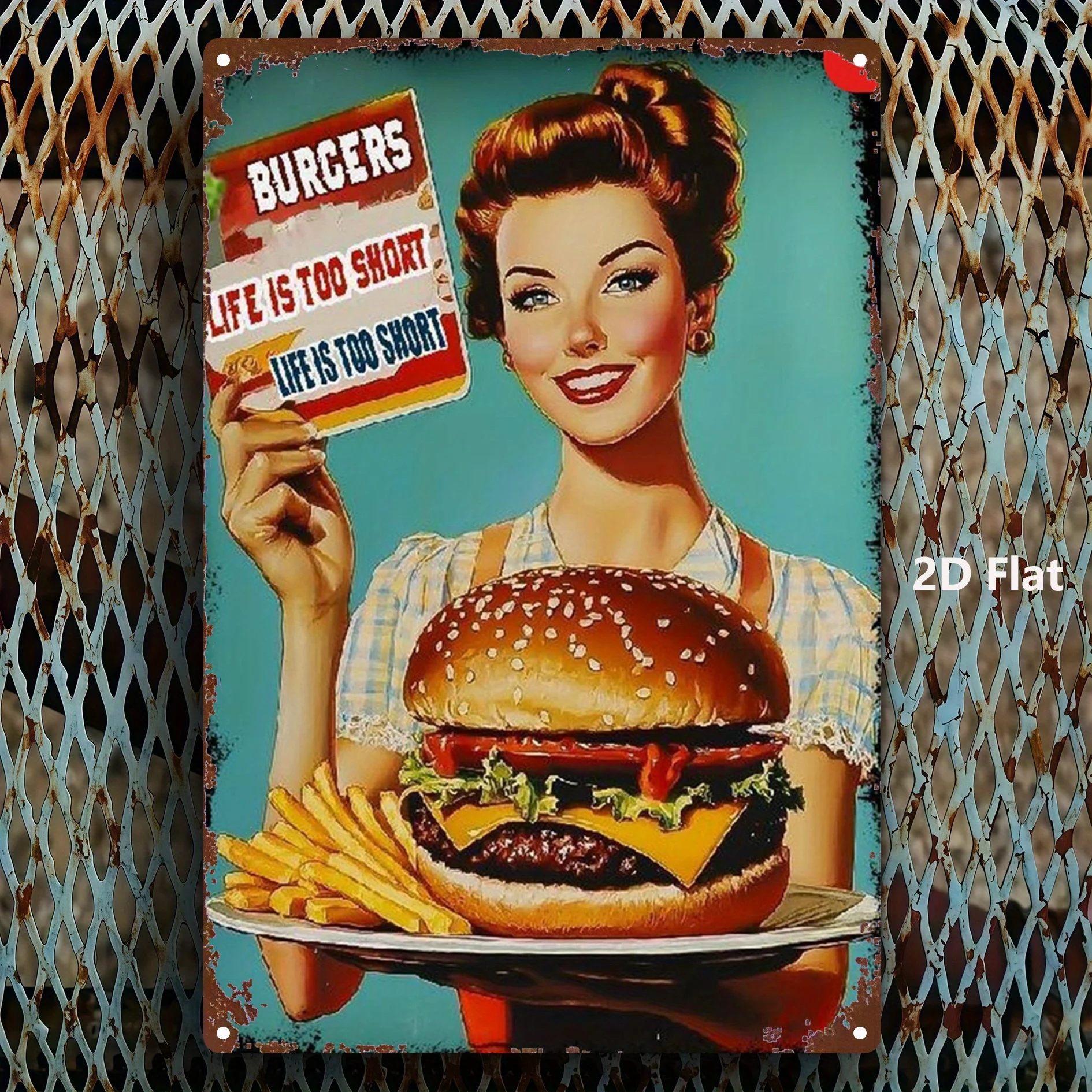 ديكور حائط معدني عتيق من الخمسينيات القرن العشرين همبرغر وبطاطس - ملصق لافتة ريترو للوجبات السريعة للمطبخ والبار والمقهى - 8 × 12 بوصة