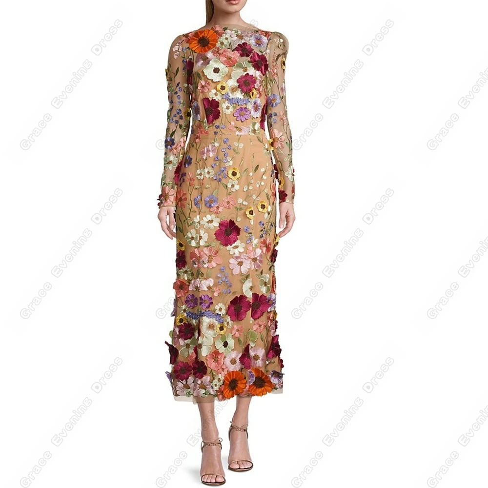 Charming Sheath Mother of Bride Dresses for Women Full Sleeve Ankle Length Scoop Wedding Party Dresses with Applique 2023 Summer